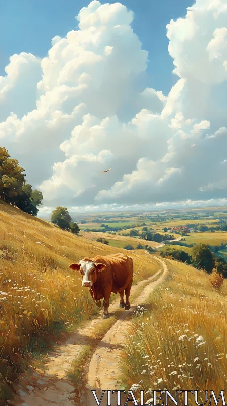 Pastoral Landscape with Cow AI Image