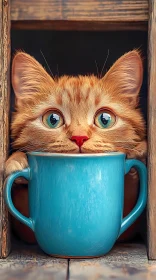 Orange Cat with Wide Eyes Behind Mug