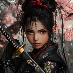 Female Warrior with Katana and Flowers