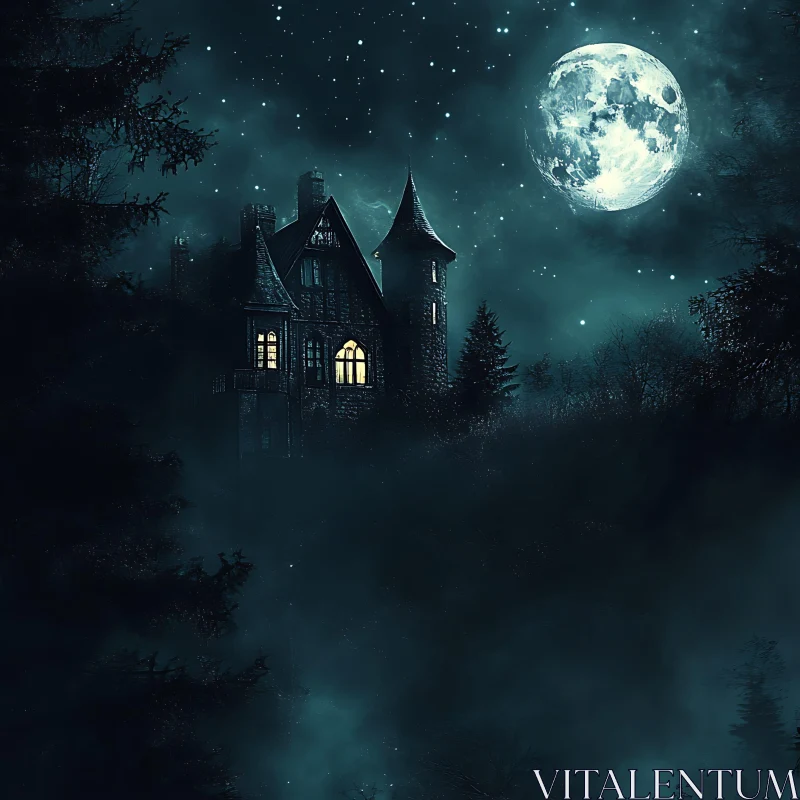 AI ART Moonlit Castle in the Mist