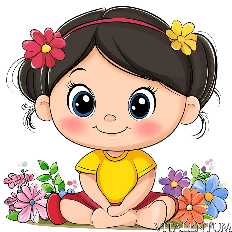 AI ART Whimsical Cartoon Girl in Floral Setting