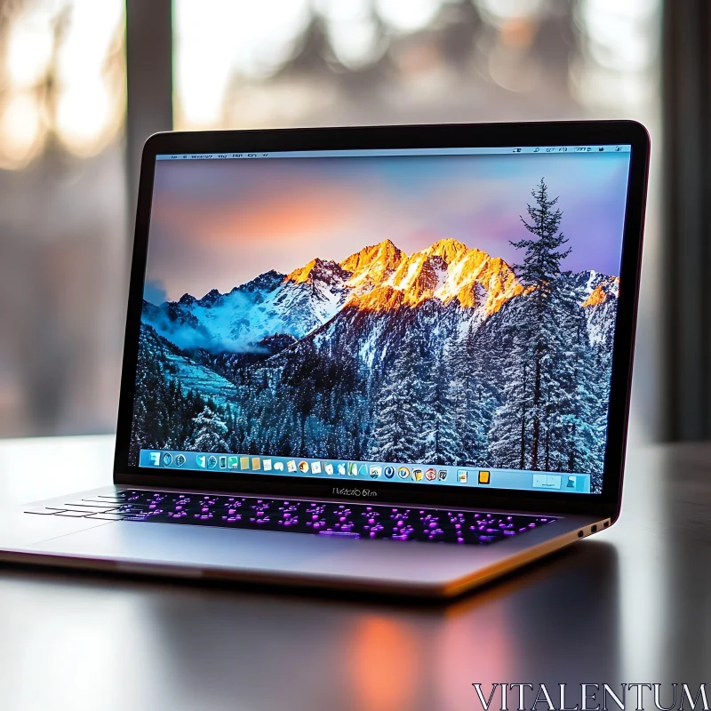 Modern Laptop Featuring a Breathtaking Mountain Sunset AI Image