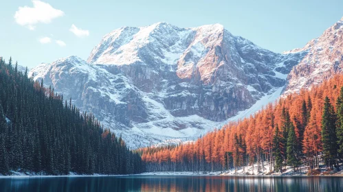 Stunning Snowy Mountains with Vibrant Autumn Trees and Lake