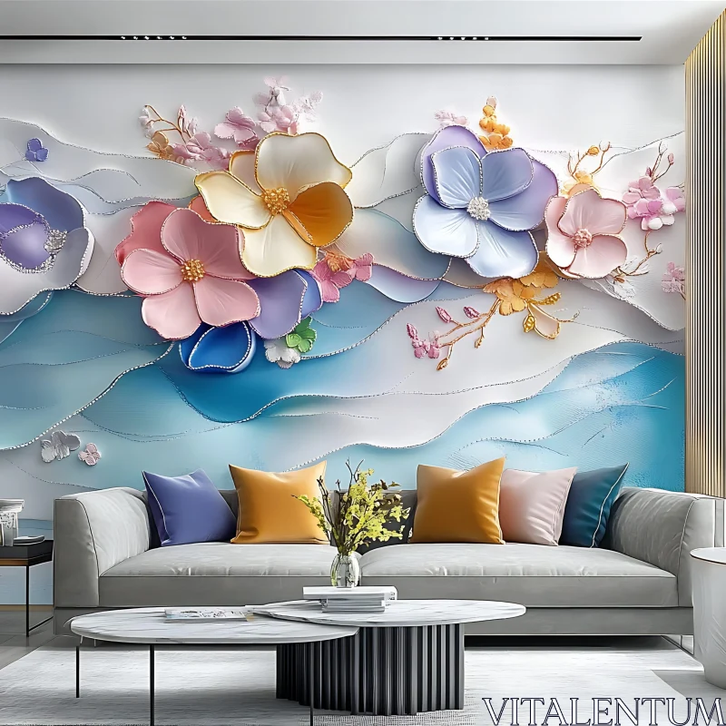 Modern Interior with Floral Wall Design AI Image