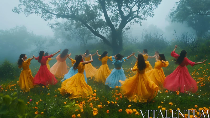 Women Dancing in Foggy Field AI Image