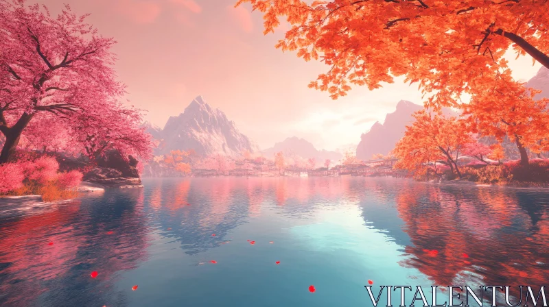 AI ART Serene Autumn Landscape with Mountains and Lake