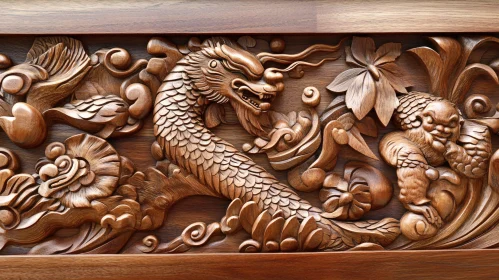 Detailed Wood Carving with Dragon Motif