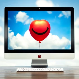 Red Balloon with a Smile on Computer Screen