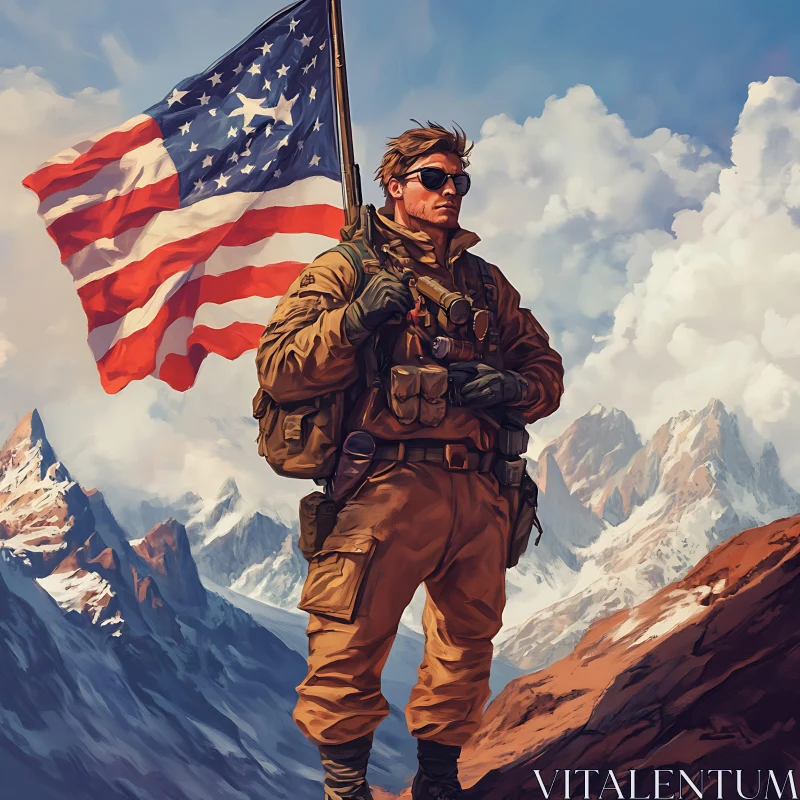 AI ART Patriotic Soldier on Mountain Peak