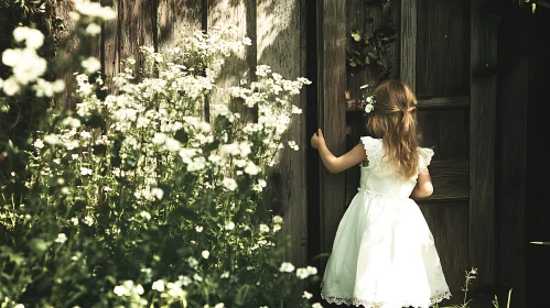 Childhood Innocence: A Girl's Floral Doorway