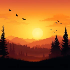 Peaceful Mountain Sunset with Birds