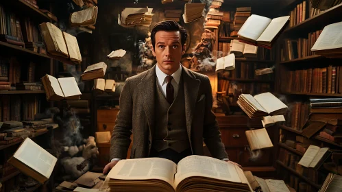 Man in Library with Levitating Books