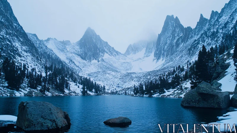 Tranquil Lake in Winter Mountain Landscape AI Image