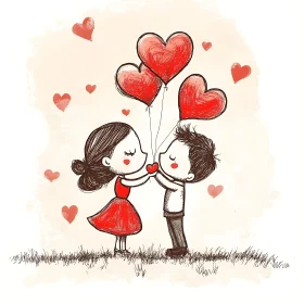 Cartoon Couple Exchanging Hearts with Balloons