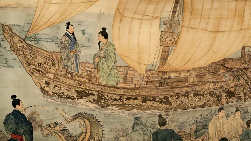 Vintage Asian Boat Art with Dragon