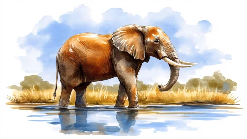 Elephant in Water with Grassland