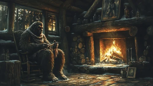 Sasquatch Knitting in Cozy Cabin