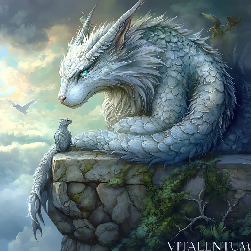 Dragon and Bird on Stone Cliff AI Image