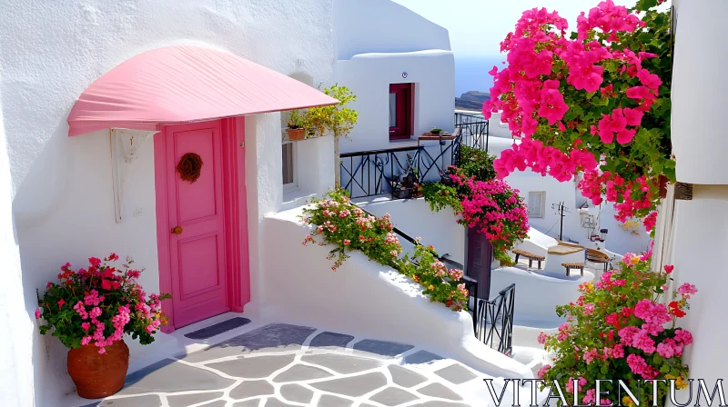 AI ART Santorini Street with Pink Flowers and Door