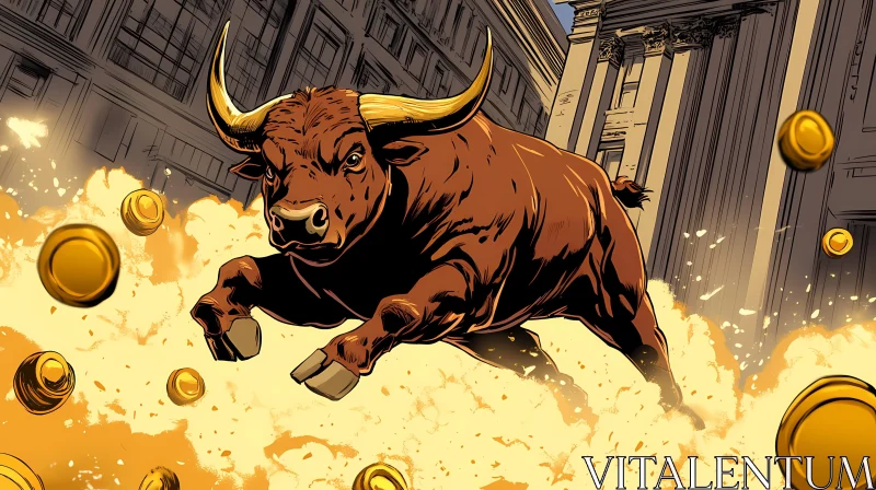 Powerful Bull and Gold Coins in City AI Image