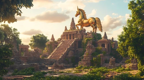 Unicorn atop the ruins of ancient temple