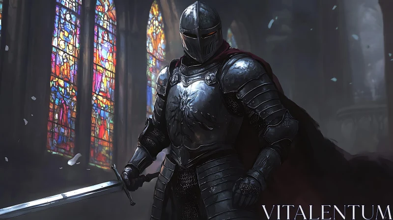 Medieval Knight with Sword in Cathedral AI Image