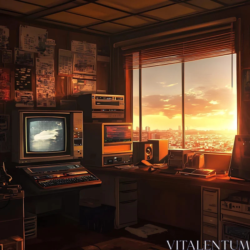 Vintage Office Setup with Urban Sunset AI Image