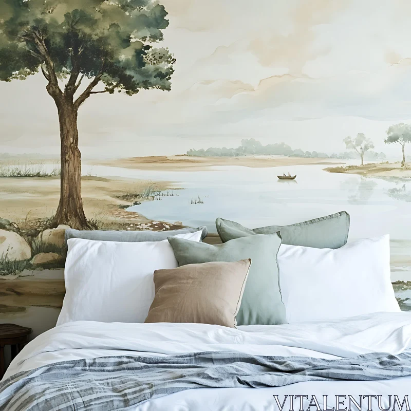 Peaceful Lakeside Bedroom Mural AI Image