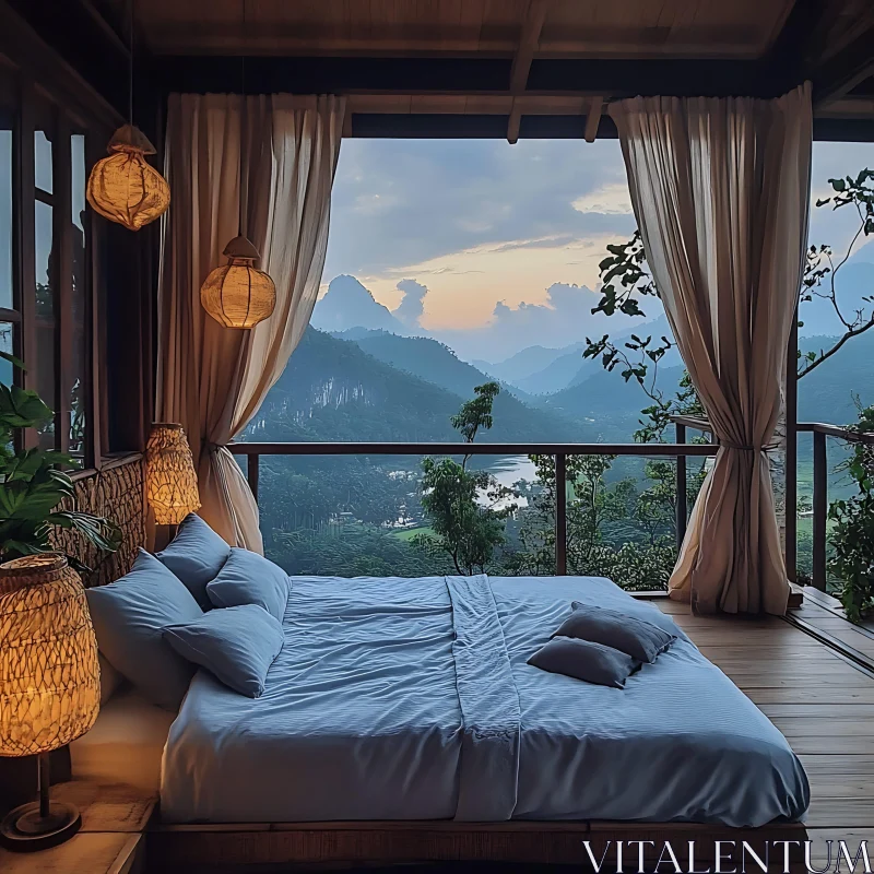 Cozy Interior Bedroom With Stunning Mountain View AI Image