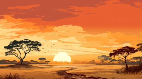 African Sunset Landscape - A Graphic Illustration
