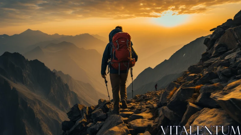 Backpacker's Sunset: An Eco-friendly Mountain Trek AI Image