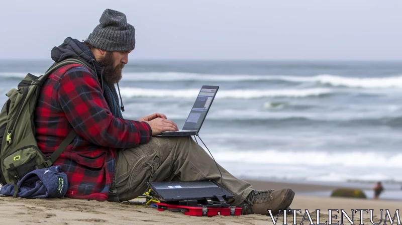 Bearded Man on the Beach Working on Laptop - Precisionist Lines AI Image