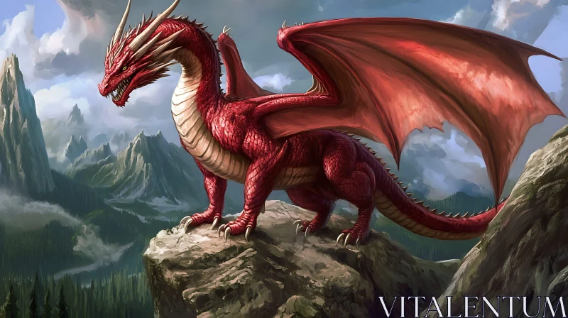 AI ART Crimson Dragon Perched on Mountain Ledge