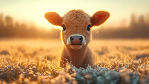 Sunlit Calf in Frosty Field