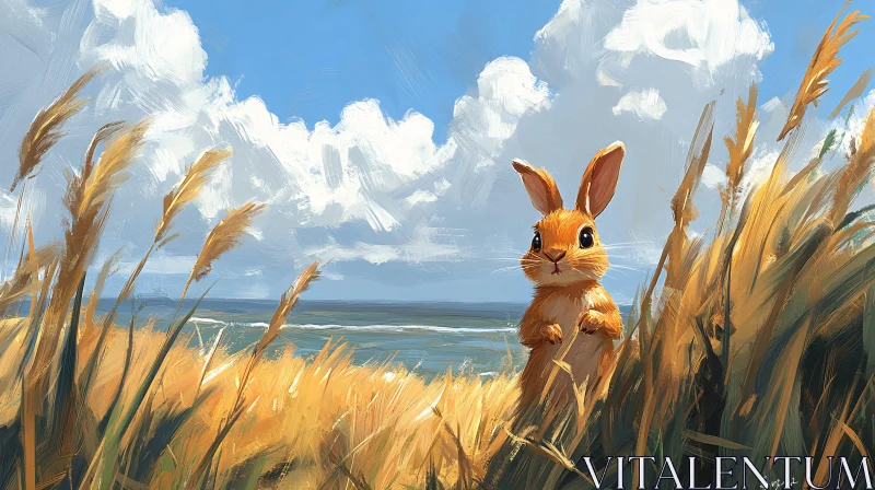 Whimsical Rabbit in Wheat Landscape AI Image