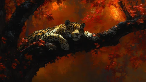 Wild Leopard in Autumn Forest