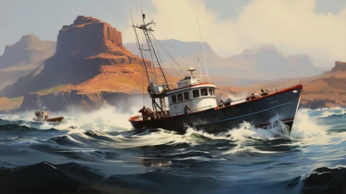 Captivating Painting of a Fishing Boat in Turbulent Waves