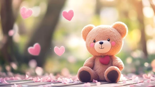 Teddy Bear Surrounded by Pink Hearts