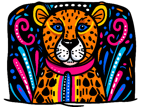 Colorful Cartoon Cheetah Head with Abstract Elements