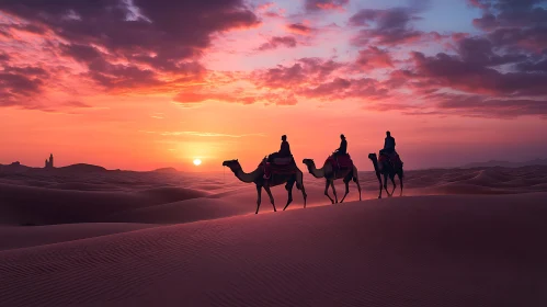 Camels ride in the desert at sunset