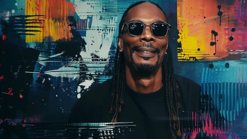 Portrait of Snoop Dogg in Front of Vibrant Abstract Art