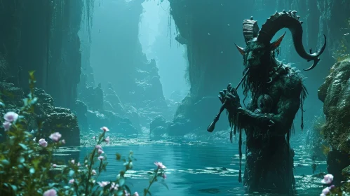 Dark Fantasy Concept Art: Satyr Playing Flute in Misty Forest