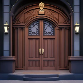 Sophisticated Building Entrance with Carved Wooden Doors