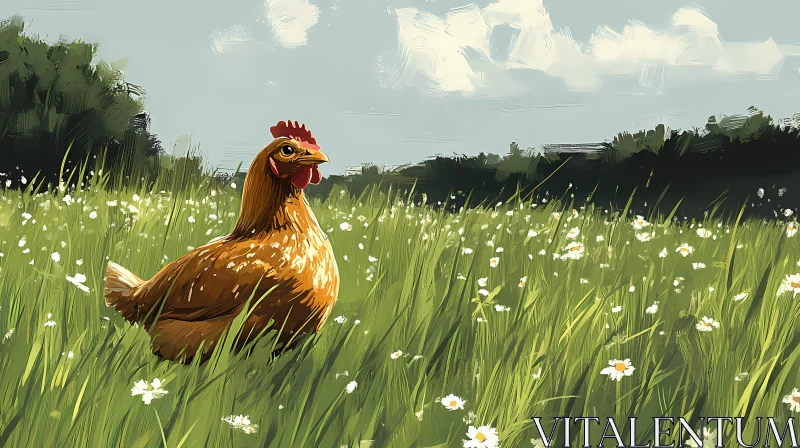 Peaceful Chicken Among Wildflowers AI Image