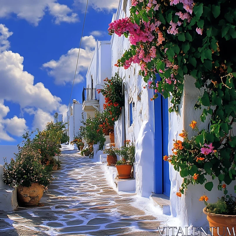 Picturesque Greek Street Scene with Blue Door AI Image