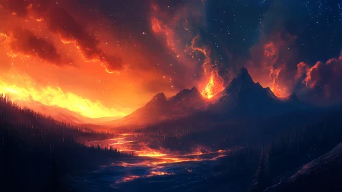 Fiery Volcano Eruption with Lava Rivers