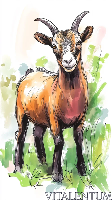 AI ART Illustrated Goat in a Lush Field