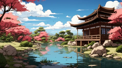 Japanese House Garden Over Mountain River: A Neo-Geo Artwork