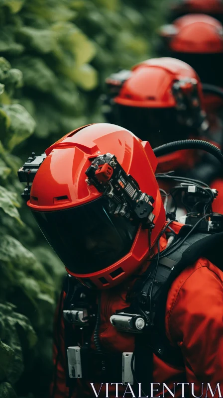 Men in Red Spacesuits: A Blend of Industrial Aesthetic and Scoutcore AI Image