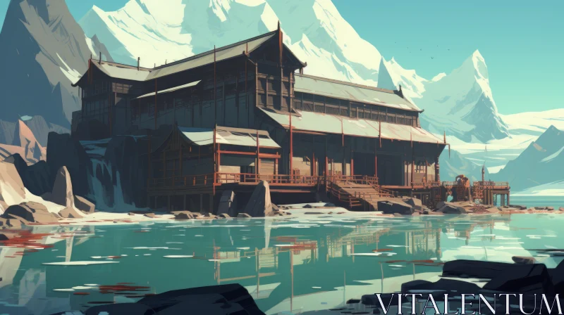Serene Snow-Covered House Near Water - Oriental-Inspired Painting AI Image